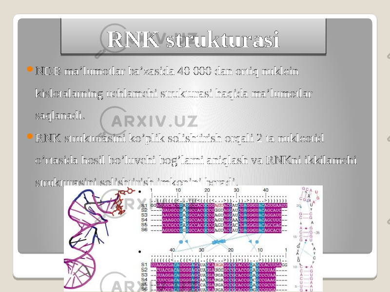 RNK strukturasi  NDB ma’lumotlar ba’zasida 40 000 dan ortiq nuklein kislotalarning uchlamchi strukturasi haqida ma’lumotlar saqlanadi.  RNK strukturasini ko’plik solishtirish orqali 2 ta nukleotid o’rtasida hosil bo’luvchi bog’larni aniqlash va RNKni ikkilamchi strukturasini solishtirish imkonini beradi. 0A0D0607 