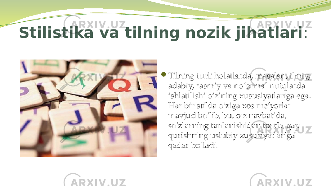 Stilistika va tilning nozik jihatlari :  Tilning turli holatlarda, masalan, ilmiy, adabiy, rasmiy va noformal nutqlarda ishlatilishi o‘zining xususiyatlariga ega. Har bir stilda o‘ziga xos me’yorlar mavjud bo‘lib, bu, o‘z navbatida, so‘zlarning tanlanishidan tortib, gap qurishning uslubiy xususiyatlariga qadar bo‘ladi. 