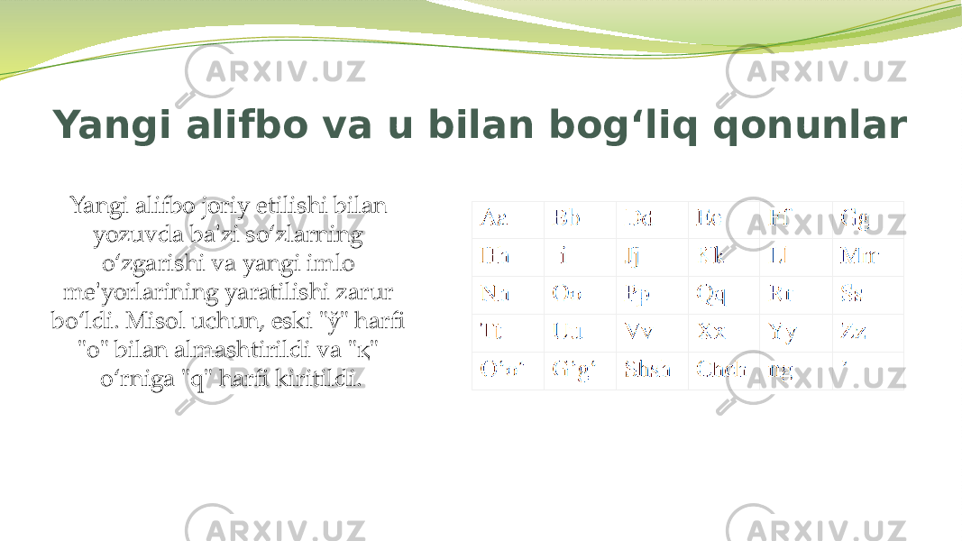 Yangi alifbo va u bilan bog‘liq qonunlar Yangi alifbo joriy etilishi bilan yozuvda ba&#39;zi so‘zlarning o‘zgarishi va yangi imlo me&#39;yorlarining yaratilishi zarur bo‘ldi. Misol uchun, eski &#34;ў&#34; harfi &#34;o&#34; bilan almashtirildi va &#34;қ&#34; o‘rniga &#34;q&#34; harfi kiritildi. 