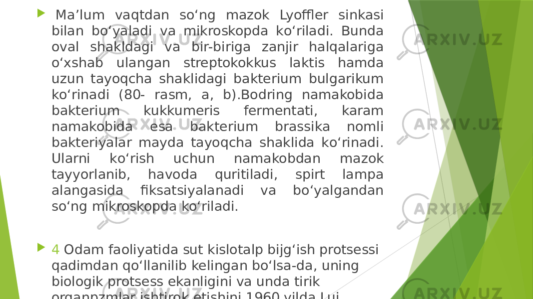    Ma’lum vaqtdan sо‘ng mazok Lyoffler sinkasi bilan bо‘yaladi va mikroskopda kо‘riladi. Bunda oval shakldagi va bir-biriga zanjir halqalariga о‘xshab ulangan streptokokkus laktis hamda uzun tayoqcha shaklidagi bakterium bulgarikum kо‘rinadi (80- rasm, a, b).Bodring namakobida bakterium kukkumeris fermentati, karam namakobida esa bakterium brassika nomli bakteriyalar mayda tayoqcha shaklida kо‘rinadi. Ularni kо‘rish uchun namakobdan mazok tayyorlanib, havoda quritiladi, spirt lampa alangasida fiksatsiyalanadi va bо‘yalgandan sо‘ng mikroskopda kо‘riladi.  4  Odam faoliyatida sut kislotalp bijg‘ish protsessi qadimdan qо‘llanilib kelingan bо‘lsa-da, uning biologik protsess ekanligini va unda tirik organpzmlar ishtirok etishini 1960 yilda Lui Paster isbotlab berdi. Bu protsess manosaxaridlar parchalanib, ikki molekula sut kislota hosil bо‘lishi bilan xarakterlanadi. Bu reaksiya quyidagicha boradi : 