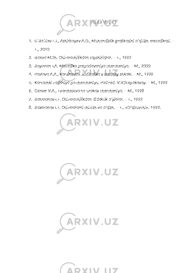 Adabiyotlar 1. U Ro’ziev E.I., Ashirboyev A.O., Muhandislik grafikasini o’qitish metodikasi. – T., 2010 2. Isaeva M.Sh. Chizmachilikdan topshiriqlar. – T., 1992 3. Roytman I.A. Metodika prepodavaniya chercheniya. – M., 2000 4. Pavlova A.A., Korzinova E.I., Grafika v sredney shkole. – M., 1999 5. Kartochki zadaniya po chercheniyu. Pod red. V.V.Stepakovoy. – M., 1999 6. Gerver V.A., Tvorchestvo na urokax chercheniya. – M., 1998 7. Rahmonov I.T. Chizmachilikdan didaktik o’yinlar. – T., 1992 8. Raxmonov I.T. Chizmalarni chizish va o’qish. – T., «O’qituvchi». 1992. 