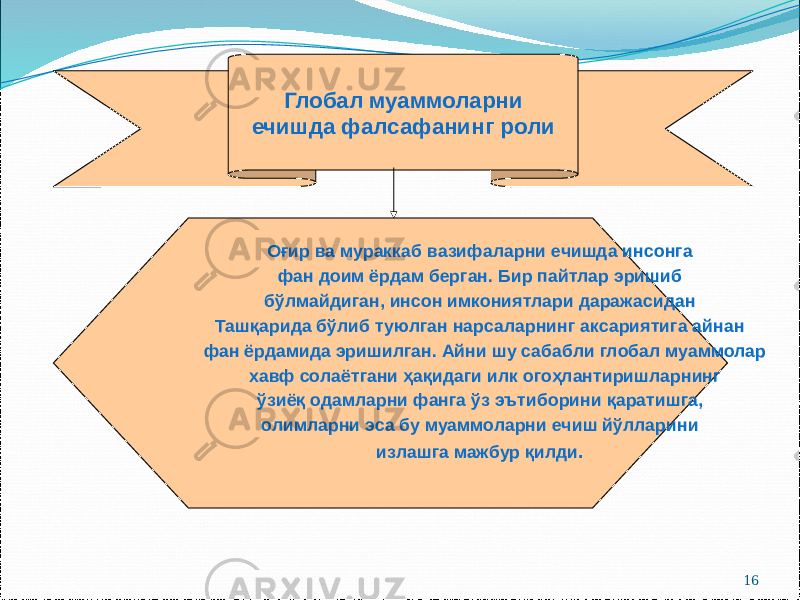 16Глобал муаммоларни ечишда фалсафанинг роли Оғир ва мураккаб вазифаларни ечишда инсонга фан доим ёрдам берган. Бир пайтлар эришиб бўлмайдиган, инсон имкониятлари даражасидан Ташқарида бўлиб туюлган нарсаларнинг аксариятига айнан фан ёрдамида эришилган. Айни шу сабабли глобал муаммолар хавф солаётгани ҳақидаги илк огоҳлантиришларнинг ўзиёқ одамларни фанга ўз эътиборини қаратишга, олимларни эса бу муаммоларни ечиш йўлларини излашга мажбур қилди . 