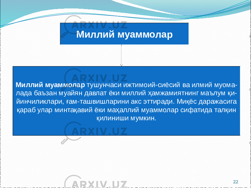 22Миллий муаммолар Миллий муаммолар тушунчаси ижтимоий-сиёсий ва илмий муома- лада баъзан муайян давлат ёки миллий ҳамжамиятнинг маълум қи- йинчиликлари, ғам-ташвишларини акс эттиради. Миқёс даражасига қараб улар минтақавий ёки маҳаллий муаммолар сифатида талқин қилиниши мумкин. 