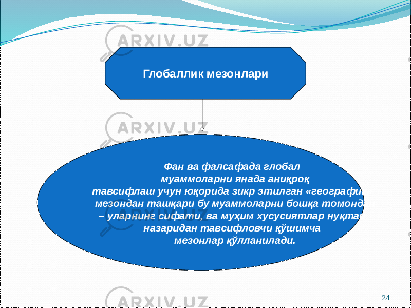 24Глобаллик мезонлари Фан ва фалсафада глобал муаммоларни янада аниқроқ тавсифлаш учун юқорида зикр этилган «географик» мезондан ташқари бу муаммоларни бошқа томондан – уларнинг сифати, ва муҳим хусусиятлар нуқтаи назаридан тавсифловчи қўшимча мезонлар қўлланилади. 