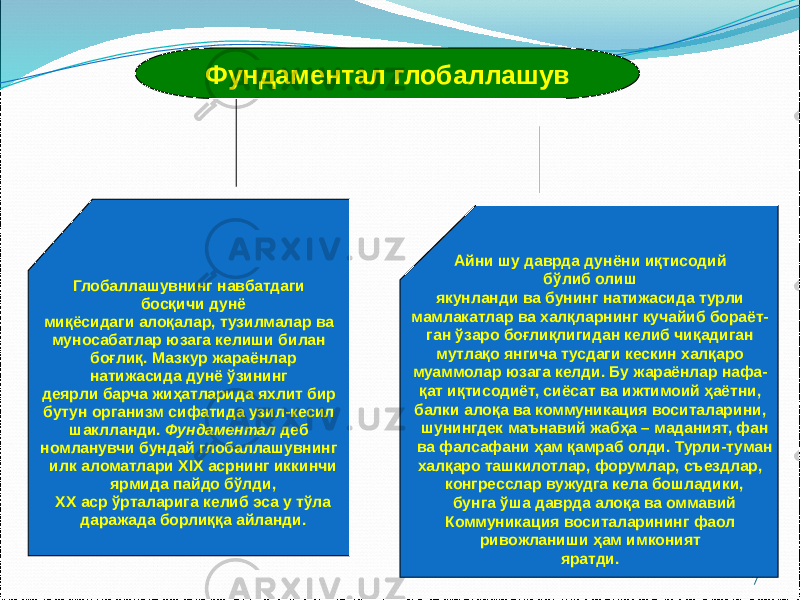 7Фундаментал глобаллашув Глобаллашувнинг навбатдаги босқичи дунё миқёсидаги алоқалар, тузилмалар ва муносабатлар юзага келиши билан боғлиқ. Мазкур жараёнлар натижасида дунё ўзининг деярли барча жиҳатларида яхлит бир бутун организм сифатида узил-кесил шаклланди. Фундаментал деб номланувчи бундай глобаллашувнинг илк аломатлари XIX асрнинг иккинчи ярмида пайдо бўлди, XX аср ўрталарига келиб эса у тўла даражада борлиққа айланди. Айни шу даврда дунёни иқтисодий бўлиб олиш якунланди ва бунинг натижасида турли мамлакатлар ва халқларнинг кучайиб бораёт- ган ўзаро боғлиқлигидан келиб чиқадиган мутлақо янгича тусдаги кескин халқаро муаммолар юзага келди. Бу жараёнлар нафа- қат иқтисодиёт, сиёсат ва ижтимоий ҳаётни, балки алоқа ва коммуникация воситаларини, шунингдек маънавий жабҳа – маданият, фан ва фалсафани ҳам қамраб олди. Турли-туман халқаро ташкилотлар, форумлар, съездлар, конгресслар вужудга кела бошладики, бунга ўша даврда алоқа ва оммавий Коммуникация воситаларининг фаол ривожланиши ҳам имконият яратди. 
