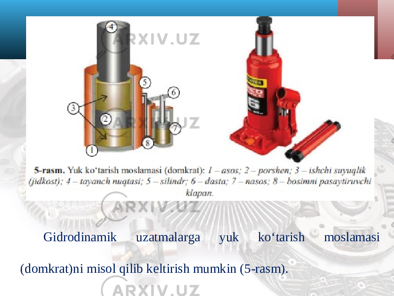 Gidrodinamik uzatmalarga yuk ko‘tarish moslamasi (domkrat)ni misol qilib keltirish mumkin (5-rasm). 