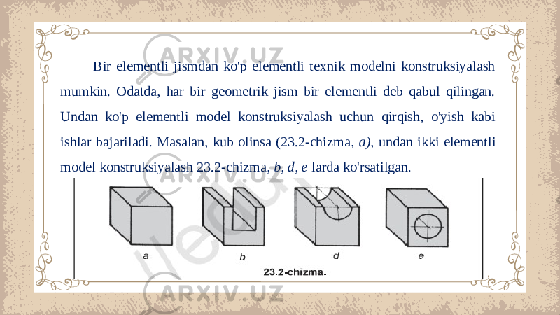 Bir elementli jismdan ko&#39;p elementli texnik modelni konstruksiyalash mumkin. Odatda, har bir geometrik jism bir elementli deb qabul qilingan. Undan ko&#39;p elementli model konstruksiyalash uchun qirqish, o&#39;yish kabi ishlar bajariladi. Masalan, kub olinsa (23.2-chizma, a), undan ikki elementli model konstruksiyalash 23.2-chizma, b, d, e larda ko&#39;rsatilgan. 