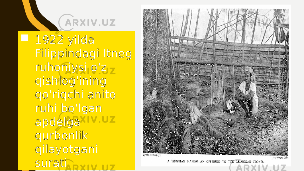  1922 yilda Filippindagi Itneg ruhoniysi o&#39;z qishlog&#39;ining qo&#39;riqchi anito ruhi bo&#39;lgan apdelga qurbonlik qilayotgani surati 