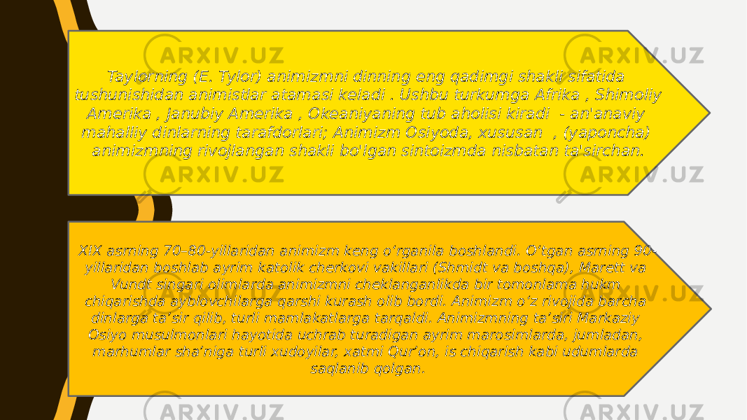 Taylorning (E. Tylor) animizmni dinning eng qadimgi shakli sifatida tushunishidan animistlar atamasi keladi . Ushbu turkumga Afrika , Shimoliy Amerika , Janubiy Amerika , Okeaniyaning tub aholisi kiradi - an&#39;anaviy mahalliy dinlarning tarafdorlari; Animizm Osiyoda, xususan , (yaponcha) animizmning rivojlangan shakli bo&#39;lgan sintoizmda nisbatan ta&#39;sirchan. XIX asrning 70–80-yillaridan animizm keng oʻrganila boshlandi. Oʻtgan asrning 90- yillaridan boshlab ayrim katolik cherkovi vakillari (Shmidt va boshqa), Marett va Vundt singari olimlarda animizmni cheklanganlikda bir tomonlama hukm chiqarishda ayblovchilarga qarshi kurash olib bordi. Animizm oʻz rivojida barcha dinlarga taʼsir qilib, turli mamlakatlarga tarqaldi. Animizmning taʼsiri Markaziy Osiyo musulmonlari hayotida uchrab turadigan ayrim marosimlarda, jumladan, marhumlar shaʼniga turli xudoyilar, xatmi Qurʼon, is chiqarish kabi udumlarda saqlanib qolgan. 