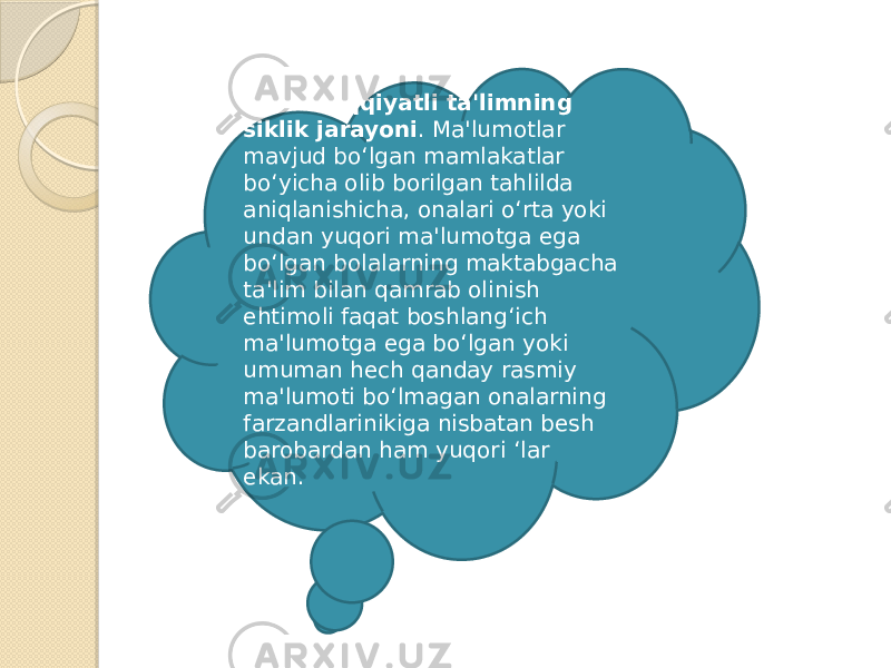 Muvaffaqqiyatli ta&#39;limning siklik jarayoni . Ma&#39;lumotlar mavjud bo‘lgan mamlakatlar bo‘yicha olib borilgan tahlilda aniqlanishicha, onalari o‘rta yoki undan yuqori ma&#39;lumotga ega bo‘lgan bolalarning maktabgacha ta&#39;lim bilan qamrab olinish ehtimoli faqat boshlang‘ich ma&#39;lumotga ega bo‘lgan yoki umuman hech qanday rasmiy ma&#39;lumoti bo‘lmagan onalarning farzandlarinikiga nisbatan besh barobardan ham yuqori ‘lar ekan.   