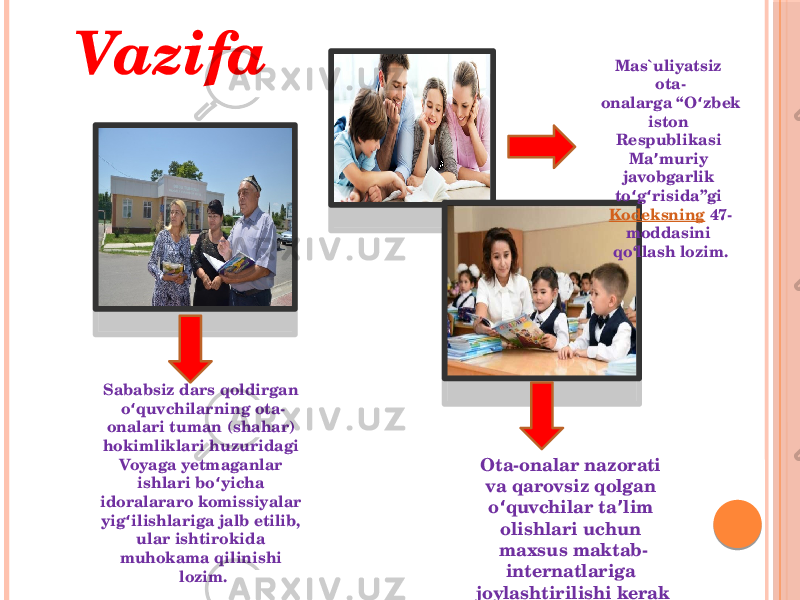 Vazifa Mas`uliyatsiz ota- onalarga “O zbekʻ iston Respublikasi Ma muriy ʼ javobgarlik to g risida”gi  ʻ ʻ Kodeksning  47- moddasini qo‘llash lozim. Sababsiz dars qoldirgan o quvchilarning ota- ʻ onalari tuman (shahar) hokimliklari huzuridagi Voyaga yetmaganlar ishlari bo yicha ʻ idoralararo komissiyalar yig ilishlariga jalb etilib, ʻ ular ishtirokida muhokama qilinishi lozim. Ota-onalar nazorati va qarovsiz qolgan o quvchilar ta lim ʻ ʼ olishlari uchun maxsus maktab- internatlariga joylashtirilishi kerak 