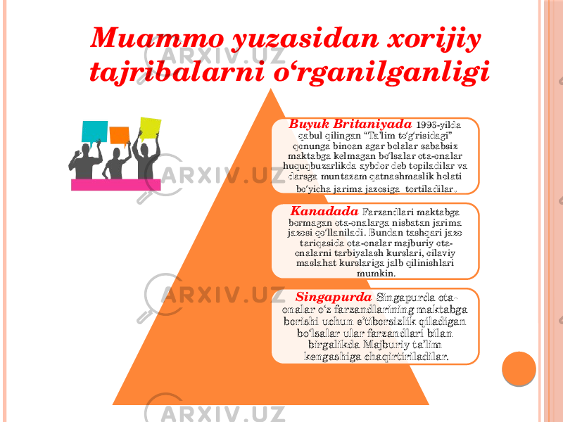 Muammo yuzasidan xorijiy tajribalarni o‘rganilganligi Buyuk Britaniyada 1996-yilda qabul qilingan “ Ta’lim to‘g‘risidagi” qonunga binoan agar bolalar sababsiz maktabga kelmagan bo‘lsalar ota-onalar huquqbuzarlikda aybdor deb topiladilar va darsga muntazam qatnashmaslik holati bo‘yicha jarima jazosiga tortiladilar . Kanadada Farzandlari maktabga bormagan ota-onalarga nisbatan jarima jazosi qo‘llaniladi. Bundan tashqari jazo tariqasida ota-onalar majburiy ota- onalarni tarbiyalash kurslari, oilaviy maslahat kurslariga jalb qilinishlari mumkin. Singapurda Singapurda ota- onalar o‘z farzandlarining maktabga borishi uchun e’tiborsizlik qiladigan bo‘lsalar ular farzandlari bilan birgalikda Majburiy ta’lim kengashiga chaqirtiriladilar. 