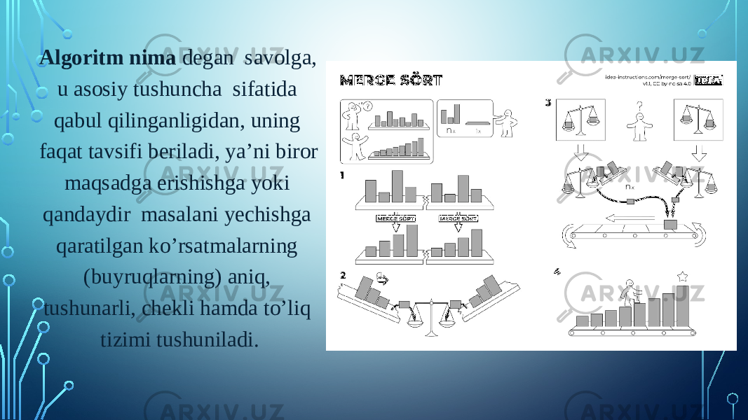 Algoritm nima degan savolga, u asosiy tushuncha sifatida qabul qilinganligidan, uning faqat tavsifi beriladi, ya’ni biror maqsadga erishishga yoki qandaydir masalani yechishga qaratilgan ko’rsatmalarning (buyruqlarning) aniq, tushunarli, chekli hamda to’liq tizimi tushuniladi. 