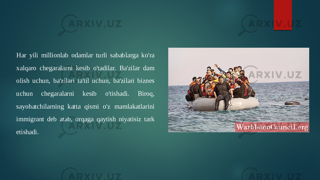 Har yili millionlab odamlar turli sabablarga ko&#39;ra xalqaro chegaralarni kesib o&#39;tadilar. Ba&#39;zilar dam olish uchun, ba&#39;zilari ta&#39;til uchun, ba&#39;zilari biznes uchun chegaralarni kesib o&#39;tishadi. Biroq, sayohatchilarning katta qismi o&#39;z mamlakatlarini immigrant deb atab, orqaga qaytish niyatisiz tark etishadi. 