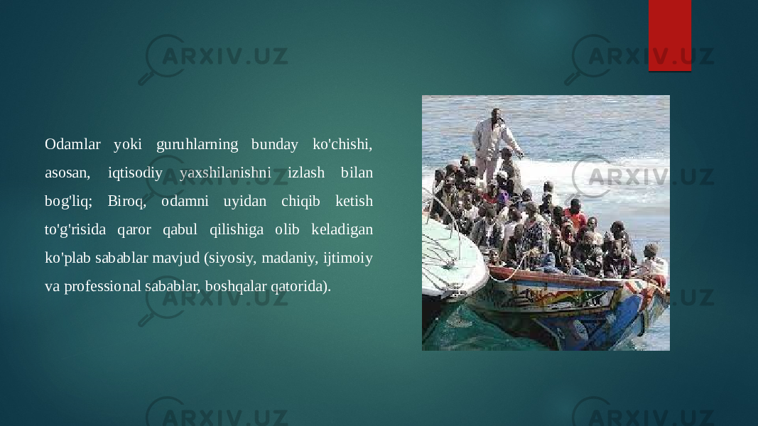 Odamlar yoki guruhlarning bunday ko&#39;chishi, asosan, iqtisodiy yaxshilanishni izlash bilan bog&#39;liq; Biroq, odamni uyidan chiqib ketish to&#39;g&#39;risida qaror qabul qilishiga olib keladigan ko&#39;plab sabablar mavjud (siyosiy, madaniy, ijtimoiy va professional sabablar, boshqalar qatorida). 