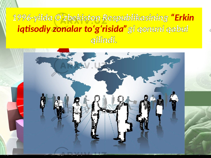 1996-yilda O‘zbekiston Respublikasining “Erkin iqtisodiy zonalar to‘g‘risida” gi qonuni qabul qilindi. 