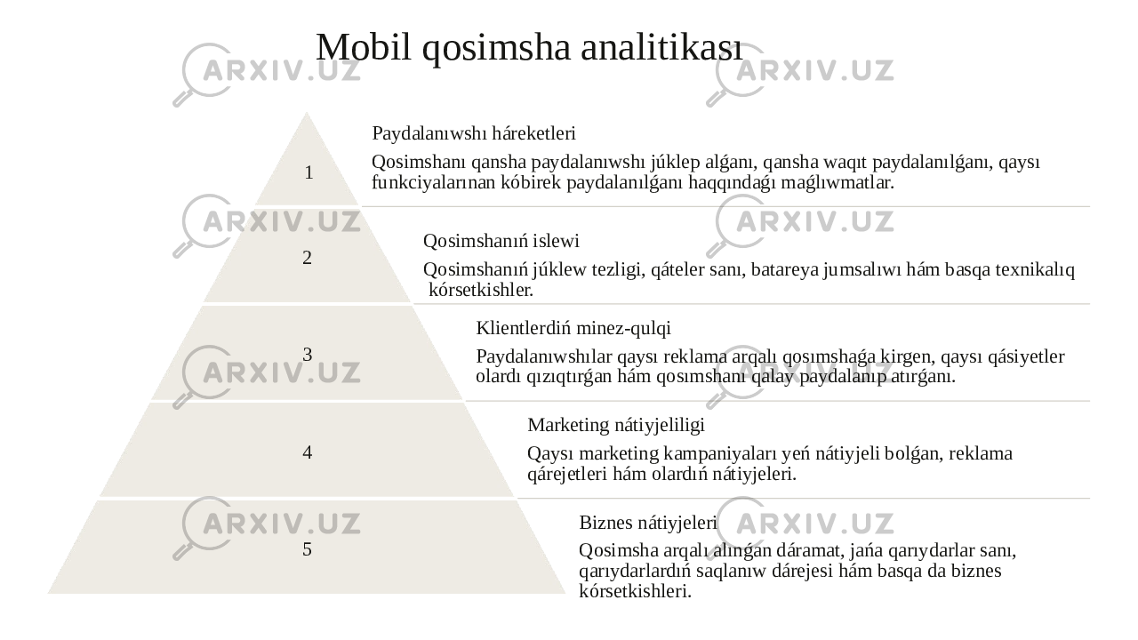 Mobil qosimsha analitikası 1 Paydalanıwshı háreketleri Qosimshanı qansha paydalanıwshı júklep alǵanı, qansha waqıt paydalanılǵanı, qaysı funkciyalarınan kóbirek paydalanılǵanı haqqındaǵı maǵlıwmatlar. 2 Qosimshanıń islewi Qosimshanıń júklew tezligi, qáteler sanı, batareya jumsalıwı hám basqa texnikalıq kórsetkishler. 3 Klientlerdiń minez-qulqi Paydalanıwshılar qaysı reklama arqalı qosımshaǵa kirgen, qaysı qásiyetler olardı qızıqtırǵan hám qosımshanı qalay paydalanıp atırǵanı. 4 Marketing nátiyjeliligi Qaysı marketing kampaniyaları yeń nátiyjeli bolǵan, reklama qárejetleri hám olardıń nátiyjeleri. 5 Biznes nátiyjeleri Qosimsha arqalı alınǵan dáramat, jańa qarıydarlar sanı, qarıydarlardıń saqlanıw dárejesi hám basqa da biznes kórsetkishleri. 