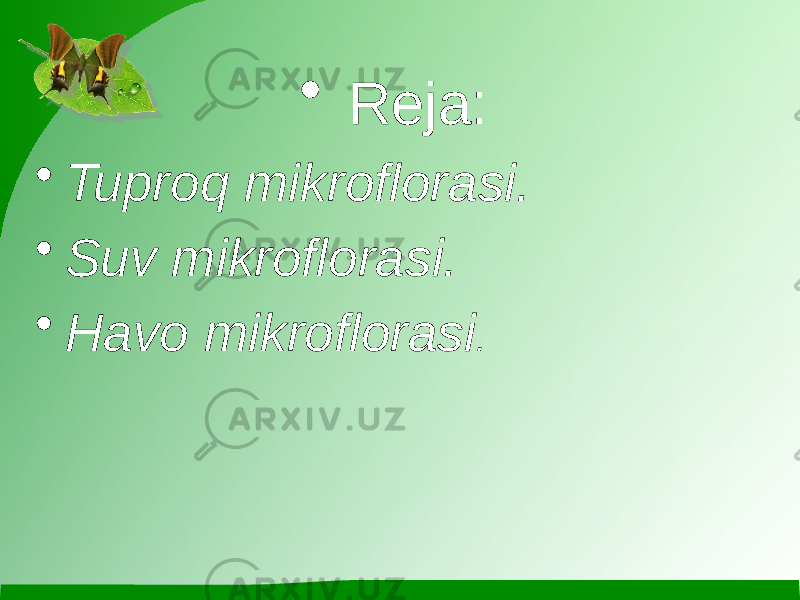  • Reja: • Tuproq mikroflorasi. • Suv mikroflorasi. • Havo mikroflorasi . 