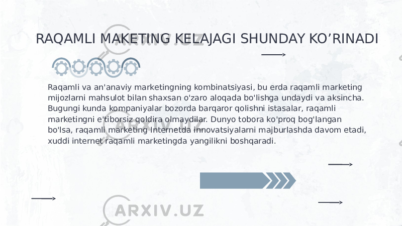 RAQAMLI MAKETING KELAJAGI SHUNDAY KO’RINADI Raqamli va an&#39;anaviy marketingning kombinatsiyasi, bu erda raqamli marketing mijozlarni mahsulot bilan shaxsan o&#39;zaro aloqada bo&#39;lishga undaydi va aksincha. Bugungi kunda kompaniyalar bozorda barqaror qolishni istasalar, raqamli marketingni e&#39;tiborsiz qoldira olmaydilar. Dunyo tobora ko&#39;proq bog&#39;langan bo&#39;lsa, raqamli marketing Internetda innovatsiyalarni majburlashda davom etadi, xuddi internet raqamli marketingda yangilikni boshqaradi. 