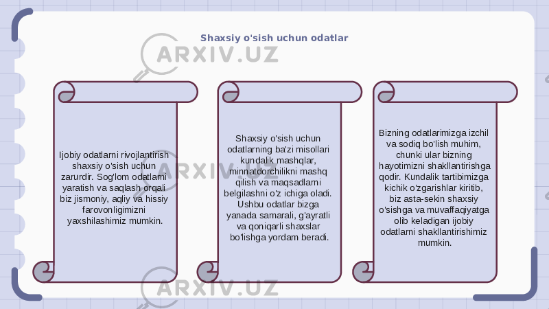 Shaxsiy o&#39;sish uchun odatlar Ijobiy odatlarni rivojlantirish shaxsiy o&#39;sish uchun zarurdir. Sog&#39;lom odatlarni yaratish va saqlash orqali biz jismoniy, aqliy va hissiy farovonligimizni yaxshilashimiz mumkin. Shaxsiy o&#39;sish uchun odatlarning ba&#39;zi misollari kundalik mashqlar, minnatdorchilikni mashq qilish va maqsadlarni belgilashni o&#39;z ichiga oladi. Ushbu odatlar bizga yanada samarali, g&#39;ayratli va qoniqarli shaxslar bo&#39;lishga yordam beradi. Bizning odatlarimizga izchil va sodiq bo&#39;lish muhim, chunki ular bizning hayotimizni shakllantirishga qodir. Kundalik tartibimizga kichik o&#39;zgarishlar kiritib, biz asta-sekin shaxsiy o&#39;sishga va muvaffaqiyatga olib keladigan ijobiy odatlarni shakllantirishimiz mumkin. 