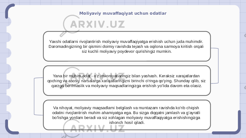 Moliyaviy muvaffaqiyat uchun odatlar Yaxshi odatlarni rivojlantirish moliyaviy muvaffaqiyatga erishish uchun juda muhimdir. Daromadingizning bir qismini doimiy ravishda tejash va oqilona sarmoya kiritish orqali siz kuchli moliyaviy poydevor qurishingiz mumkin. Yana bir muhim odat - o&#39;z imkoniyatlaringiz bilan yashash. Keraksiz xarajatlardan qoching va asosiy narsalarga xarajatlaringizni birinchi o&#39;ringa qo&#39;ying. Shunday qilib, siz qarzga berilmaslik va moliyaviy maqsadlaringizga erishish yo&#39;lida davom eta olasiz. Va nihoyat, moliyaviy maqsadlarni belgilash va muntazam ravishda ko&#39;rib chiqish odatini rivojlantirish muhim ahamiyatga ega. Bu sizga diqqatni jamlash va g&#39;ayratli bo&#39;lishga yordam beradi va siz xohlagan moliyaviy muvaffaqiyatga erishishingizga ishonch hosil qiladi. 