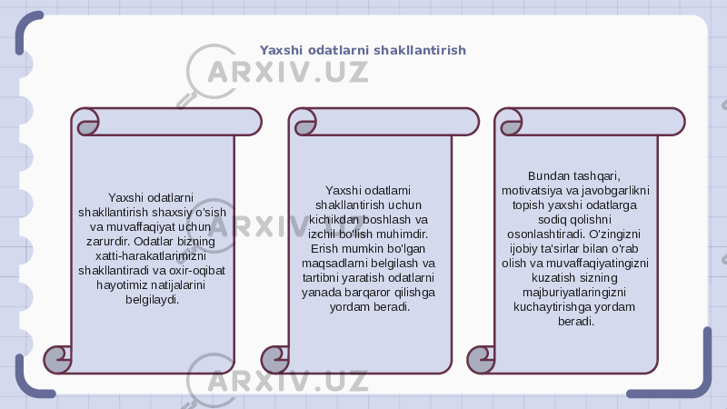 Yaxshi odatlarni shakllantirish Yaxshi odatlarni shakllantirish shaxsiy o&#39;sish va muvaffaqiyat uchun zarurdir. Odatlar bizning xatti-harakatlarimizni shakllantiradi va oxir-oqibat hayotimiz natijalarini belgilaydi. Yaxshi odatlarni shakllantirish uchun kichikdan boshlash va izchil bo&#39;lish muhimdir. Erish mumkin bo&#39;lgan maqsadlarni belgilash va tartibni yaratish odatlarni yanada barqaror qilishga yordam beradi. Bundan tashqari, motivatsiya va javobgarlikni topish yaxshi odatlarga sodiq qolishni osonlashtiradi. O&#39;zingizni ijobiy ta&#39;sirlar bilan o&#39;rab olish va muvaffaqiyatingizni kuzatish sizning majburiyatlaringizni kuchaytirishga yordam beradi. 