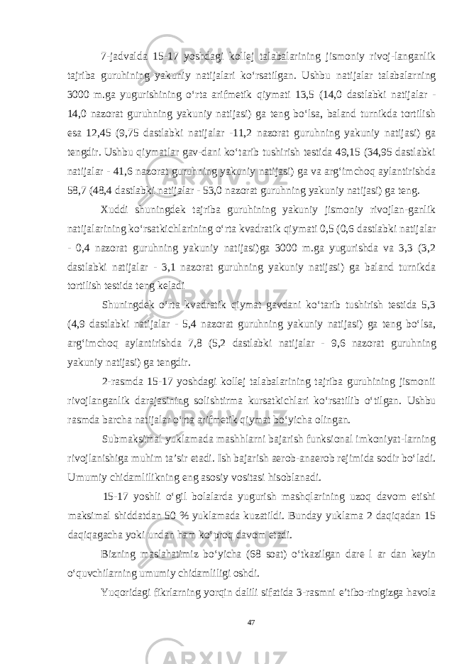 7-jadvalda 15-17 yoshdagi kollej talabalarining jismoniy rivoj-langanlik tajriba guruhining yakuniy natijalari ko‘rsatilgan. Ushbu nati jalar talabalarning 3000 m.ga yugurishining o‘rta arifmetik qiymati 13,5 (14,0 dastlabki natijalar - 14,0 nazorat guruhning yakuniy natijasi) ga teng bo‘lsa, baland turnikda tortilish esa 12,45 (9,75 dastlabki natijalar -11,2 nazorat guruhning yakuniy natijasi) ga tengdir. Ushbu qiymatlar gav-dani ko‘tarib tushirish testida 49,15 (34,95 dastlabki natijalar - 41,6 na zorat guruhning yakuniy natijasi) ga va arg‘imchoq aylantirishda 58,7 (48,4 dastlabki natijalar - 53,0 nazorat guruhning yakuniy natijasi) ga teng. Xuddi shuningdek tajriba guruhining yakuniy jismoniy rivojlan-ganlik natijalarining ko‘rsatkichlarining o‘rta kvadratik qiymati 0,5 (0,6 dastlabki natijalar - 0,4 nazorat guruhning yakuniy natijasi)ga 3000 m.ga yugurishda va 3,3 (3,2 dastlabki natijalar - 3,1 nazorat guruhning yakuniy natijasi) ga baland turnikda tortilish testida teng keladi Shuningdek o‘rta kvadratik qiymat gavdani ko‘tarib tushirish testida 5,3 (4,9 dastlabki natijalar - 5,4 nazorat guruhning yakuniy natijasi) ga teng bo‘lsa, arg‘imchoq aylantirishda 7,8 (5,2 dastlabki natijalar - 9,6 nazo rat guruhning yakuniy natijasi) ga tengdir. 2-rasmda 15-17 yoshdagi kollej talabalarining tajriba guruhining jismonii rivojlanganlik darajasining solishtirma kursatkichlari ko‘rsatilib o‘tilgan. Ushbu rasmda barcha natijalar o‘rta arifmetik qiymat bo‘yicha olingan. Submaksimal yuklamada mashhlarni bajarish funksional imkoniyat-larning rivojlanishiga muhim ta’sir etadi. Ish bajarish aerob-anaerob rejimida sodir bo‘ladi. Umumiy chidamlilikning eng asosiy vositasi hisoblanadi. 15-17 yoshli o‘gil bolalarda yugurish mashqlarining uzoq davom etishi maksimal shiddatdan 50 % yuklamada kuzatildi. Bunday yuklama 2 daqiqadan 15 daqiqagacha yoki undan ham ko‘proq davom etadi. Bizning maslahatimiz bo‘yicha (68 soat) o‘tkazilgan dare l ar dan keyin o‘quvchilarning umumiy chidamliligi oshdi. Yuqoridagi fikrlarning yorqin dalili sifatida 3-rasmni e’tibo-ringizga havola 47 