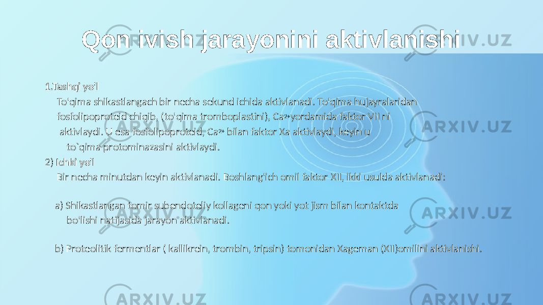 Qon ivish jarayonini aktivlanishi 1.Tashqi yo&#39;l To&#39;qima shikastlangach bir necha sekund ichida aktivlanadi. To&#39;qima hujayralaridan fosfolipoproteid chiqib, (to&#39;qima tromboplastini), Ca 2+ yordamida faktor VII ni aktivlaydi. U esa fosfolipoproteid, Ca 2+ bilan faktor Xa aktivlaydi, keyin u to`qima protominazasini aktivlaydi. 2) Ichki yo&#39; l Bir necha minutdan keyin aktivlanadi. Boshlang&#39;ich omil faktor XII, ikki usulda aktivlanadi: a) Shikastlangan tomir subendoteliy kollageni qon yoki yot jism bilan kontaktda bo&#39;lishi natijasida jarayon aktivlanadi. b) Proteolitik fermentlar ( kallikrein, trombin, tripsin) tomonidan Xageman (XII)omilini aktivlanishi. 