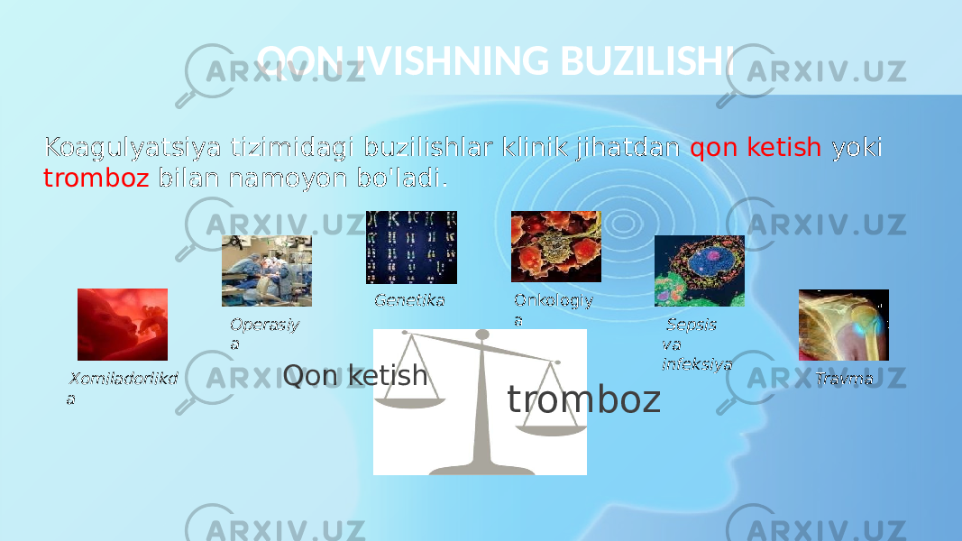 QON IVISHNING BUZILISHI TravmaOperasiy a Genetika Onkologiy a Sepsis va infeksiya trombozQon ketishXomiladorlikd aKoagulyatsiya tizimidagi buzilishlar klinik jihatdan qon ketish yoki tromboz bilan namoyon bo&#39;ladi. 