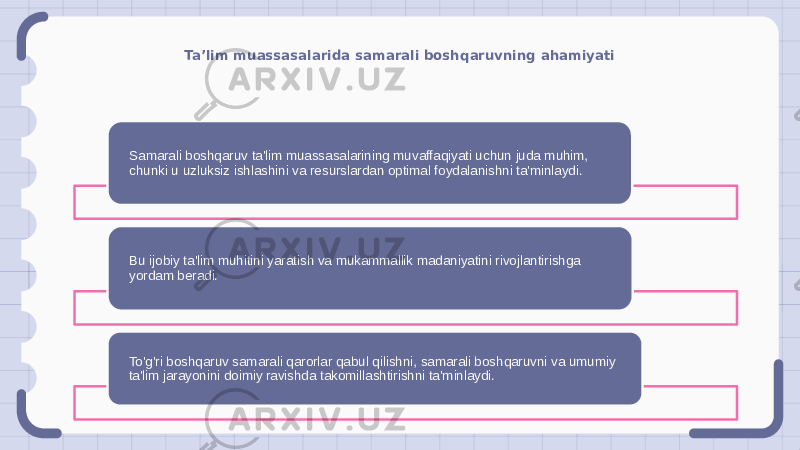 Ta’lim muassasalarida samarali boshqaruvning ahamiyati Samarali boshqaruv ta&#39;lim muassasalarining muvaffaqiyati uchun juda muhim, chunki u uzluksiz ishlashini va resurslardan optimal foydalanishni ta&#39;minlaydi. Bu ijobiy ta&#39;lim muhitini yaratish va mukammallik madaniyatini rivojlantirishga yordam beradi. To&#39;g&#39;ri boshqaruv samarali qarorlar qabul qilishni, samarali boshqaruvni va umumiy ta&#39;lim jarayonini doimiy ravishda takomillashtirishni ta&#39;minlaydi. 