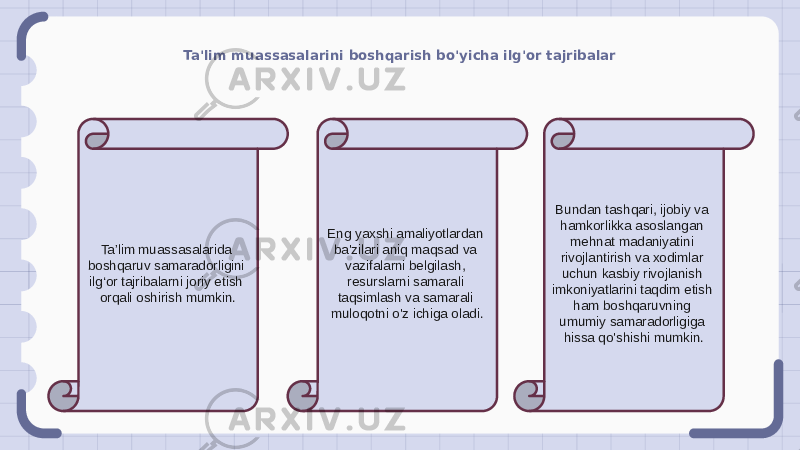 Ta&#39;lim muassasalarini boshqarish bo&#39;yicha ilg&#39;or tajribalar Ta’lim muassasalarida boshqaruv samaradorligini ilg‘or tajribalarni joriy etish orqali oshirish mumkin. Eng yaxshi amaliyotlardan ba&#39;zilari aniq maqsad va vazifalarni belgilash, resurslarni samarali taqsimlash va samarali muloqotni o&#39;z ichiga oladi. Bundan tashqari, ijobiy va hamkorlikka asoslangan mehnat madaniyatini rivojlantirish va xodimlar uchun kasbiy rivojlanish imkoniyatlarini taqdim etish ham boshqaruvning umumiy samaradorligiga hissa qo&#39;shishi mumkin. 