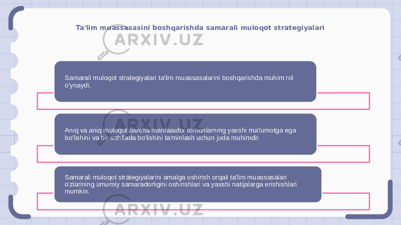 Ta&#39;lim muassasasini boshqarishda samarali muloqot strategiyalari Samarali muloqot strategiyalari ta&#39;lim muassasalarini boshqarishda muhim rol o&#39;ynaydi. Aniq va aniq muloqot barcha manfaatdor tomonlarning yaxshi ma&#39;lumotga ega bo&#39;lishini va bir sahifada bo&#39;lishini ta&#39;minlash uchun juda muhimdir. Samarali muloqot strategiyalarini amalga oshirish orqali ta&#39;lim muassasalari o&#39;zlarining umumiy samaradorligini oshirishlari va yaxshi natijalarga erishishlari mumkin. 