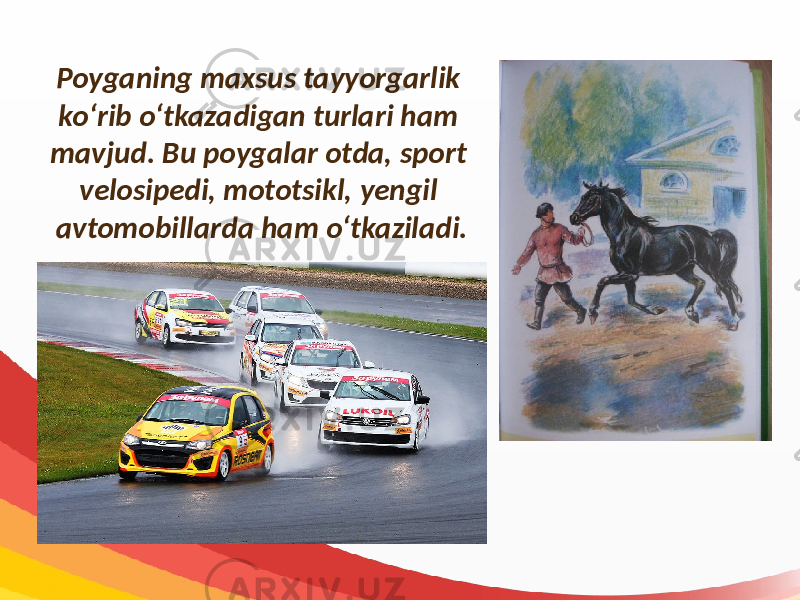 Poyganing maxsus tayyorgarlik ko‘rib o‘tkazadigan turlari ham mavjud. Bu poygalar otda, sport velosipedi, mototsikl, yengil avtomobillarda ham o‘tkaziladi. 