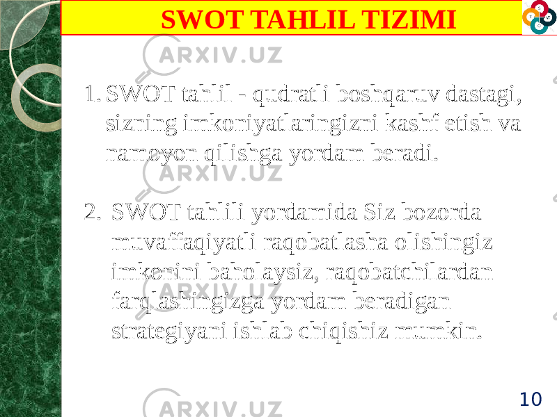 SWOT TAHLIL TIZIMI 101. SWOT tahlil - qudratli boshqaruv dastagi, sizning imkoniyatlaringizni kashf etish va namoyon qilishga yordam beradi. 2. SWOT tahlili yordamida Siz bozorda muvaffaqiyatli raqobatlasha olishingiz imkonini baholaysiz, raqobatchilardan farqlashingizga yordam beradigan strategiyani ishlab chiqishiz mumkin. 