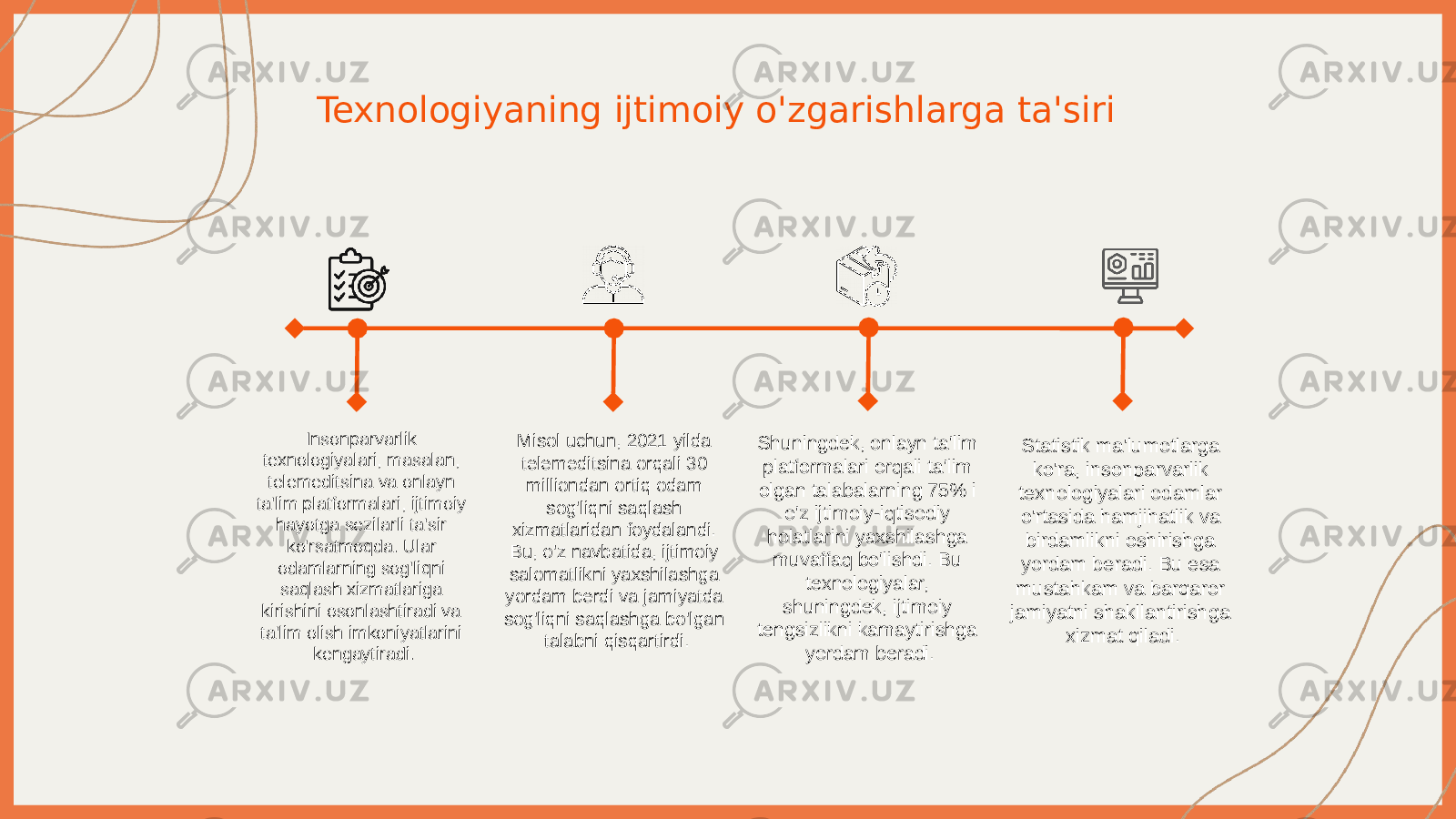 Texnologiyaning ijtimoiy o&#39;zgarishlarga ta&#39;siri Insonparvarlik texnologiyalari, masalan, telemeditsina va onlayn ta&#39;lim platformalari, ijtimoiy hayotga sezilarli ta&#39;sir ko&#39;rsatmoqda. Ular odamlarning sog&#39;liqni saqlash xizmatlariga kirishini osonlashtiradi va ta&#39;lim olish imkoniyatlarini kengaytiradi. Misol uchun, 2021 yilda telemeditsina orqali 30 milliondan ortiq odam sog&#39;liqni saqlash xizmatlaridan foydalandi. Bu, o&#39;z navbatida, ijtimoiy salomatlikni yaxshilashga yordam berdi va jamiyatda sog&#39;liqni saqlashga bo&#39;lgan talabni qisqartirdi. Shuningdek, onlayn ta&#39;lim platformalari orqali ta&#39;lim olgan talabalarning 75% i o&#39;z ijtimoiy-iqtisodiy holatlarini yaxshilashga muvaffaq bo&#39;lishdi. Bu texnologiyalar, shuningdek, ijtimoiy tengsizlikni kamaytirishga yordam beradi. Statistik ma&#39;lumotlarga ko&#39;ra, insonparvarlik texnologiyalari odamlar o&#39;rtasida hamjihatlik va birdamlikni oshirishga yordam beradi. Bu esa mustahkam va barqaror jamiyatni shakllantirishga xizmat qiladi. 