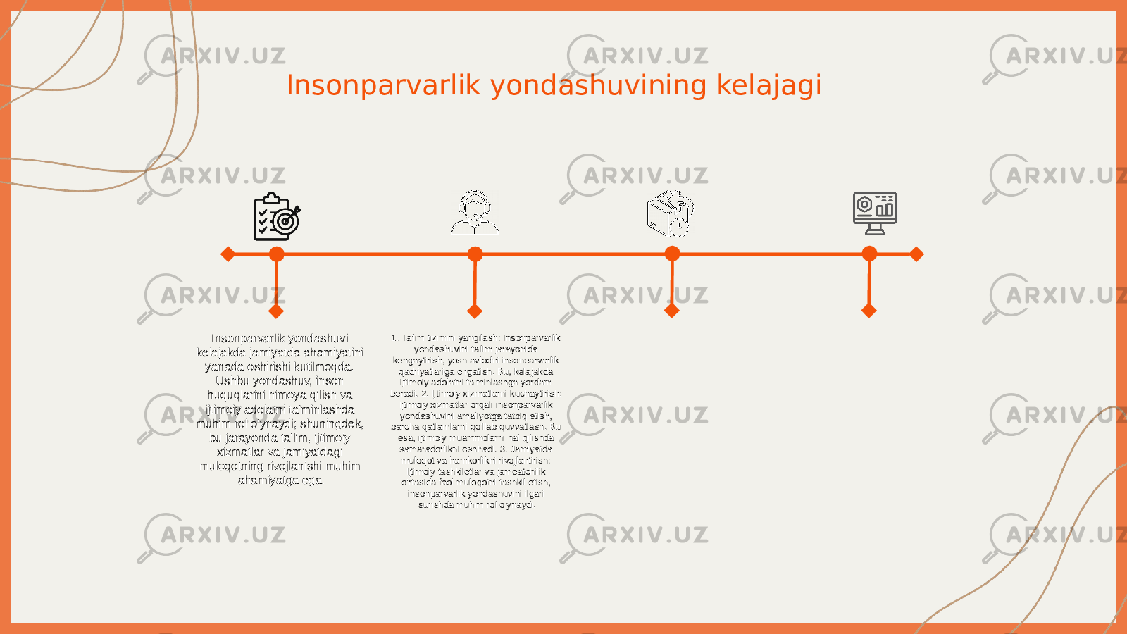 Insonparvarlik yondashuvining kelajagi Insonparvarlik yondashuvi kelajakda jamiyatda ahamiyatini yanada oshirishi kutilmoqda. Ushbu yondashuv, inson huquqlarini himoya qilish va ijtimoiy adolatni ta&#39;minlashda muhim rol o&#39;ynaydi; shuningdek, bu jarayonda ta&#39;lim, ijtimoiy xizmatlar va jamiyatdagi muloqotning rivojlanishi muhim ahamiyatga ega. 1. Ta&#39;lim tizimini yangilash: Insonparvarlik yondashuvini ta&#39;lim jarayonida kengaytirish, yosh avlodni insonparvarlik qadriyatlariga o&#39;rgatish. Bu, kelajakda ijtimoiy adolatni ta&#39;minlashga yordam beradi. 2. Ijtimoiy xizmatlarni kuchaytirish: Ijtimoiy xizmatlar orqali insonparvarlik yondashuvini amaliyotga tatbiq etish, barcha qatlamlarni qo&#39;llab-quvvatlash. Bu esa, ijtimoiy muammolarni hal qilishda samaradorlikni oshiradi. 3. Jamiyatda muloqot va hamkorlikni rivojlantirish: Ijtimoiy tashkilotlar va jamoatchilik o&#39;rtasida faol muloqotni tashkil etish, insonparvarlik yondashuvini ilgari surishda muhim rol o&#39;ynaydi. 