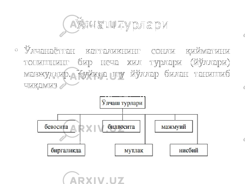 Ўлчаш турлари • Ўлчанаётган катталикнинг сонли қийматини топишнинг бир неча хил турлари (йўллари) мавжуддир. Қуйида шу йўллар билан танишиб чиқамиз 