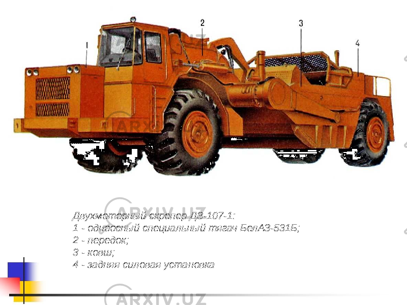 Двухмоторный скрепер ДЗ-107-1: 1 - одноосный специальный тягач БелАЗ-531Б; 2 - передок; 3 - ковш; 4 - задняя силовая установка 