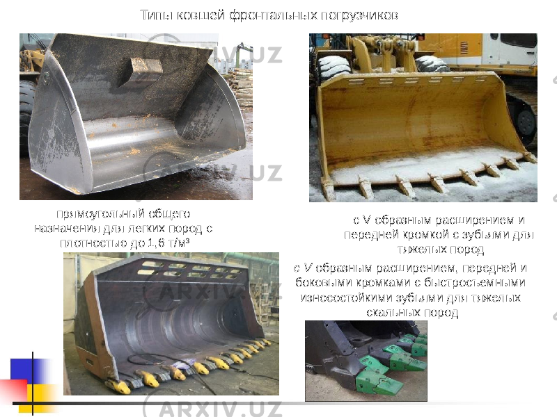 Типы ковшей фронтальных погрузчиков прямоугольный общего назначения для легких пород с плотностью до 1,6 т/м 3 с V образным расширением и передней кромкой с зубьями для тяжелых пород с V образным расширением, передней и боковыми кромками с быстросъемными износостойкими зубьями для тяжелых скальных пород 