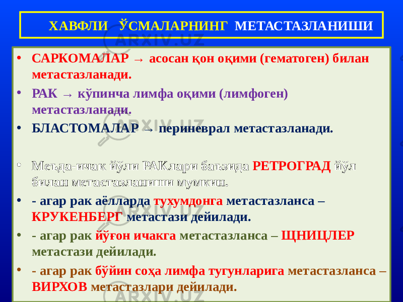 • САРКОМАЛАР → асосан қон оқими (гематоген) билан метастазланади. • РАК → кўпинча лимфа оқими (лимфоген) метастазланади. • БЛАСТОМАЛАР → периневрал метастазланади. • Меъда-ичак йўли РАКлари баъзида РЕТРОГРАД йўл билан метастазланиши мумкин. • - агар рак аёлларда тухумдонга метастазланса – КРУКЕНБЕРГ метастази дейилади. • - агар рак йўғон ичакга метастазланса – ЩНИЦЛЕР метастази дейилади. • - агар рак бўйин соҳа лимфа тугунларига метастазланса – ВИРХОВ метастазлари дейилади. ХАВФЛИ ЎСМАЛАРНИНГ МЕТАСТАЗЛАНИШИ 