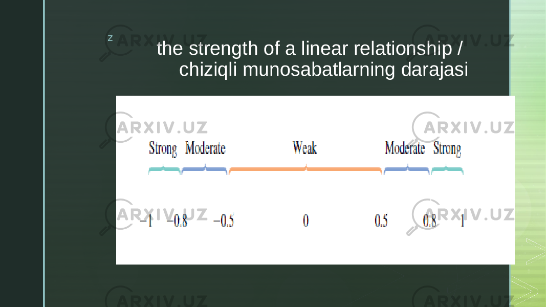 z the strength of a linear relationship / chiziqli munosabatlarning darajasi 