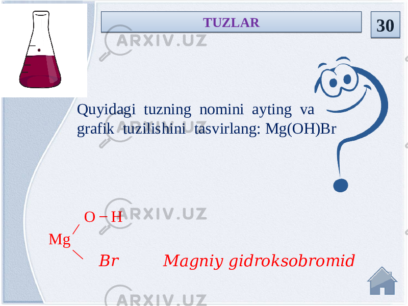  O ̶ H Mg Br Magniy gidroksobromidQuyidagi tuzning nomini ayting va grafik tuzilishini tasvirlang: Mg(OH)Br TUZLAR 301E 27 