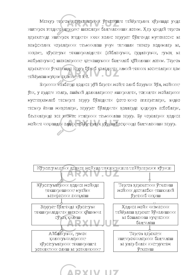 Мазкур тергов ҳаракатларини ўтказишга тайёргарлик кўришда унда иштирок этадиганларнинг шахслари белгиланиши лозим. Ҳар қандай тергов ҳаракатида иштирок этадиган икки холис зарурат бўлганда мутахассис ва хавфсизлик чораларини таъминлаш учун тегишли тезкор ходимлар ва, ниҳоят, кўрсатуви текшириладиган (айбланувчи, судланувчи, гувоҳ ва жабрланувчи) шахсларнинг қатнашувини белгилаб қўйилиши лозим. Тергов ҳаракатини ўтказишда зарур бўлиб қоладиган илмий-техник воситаларни ҳам тайёрлаш муҳим аҳамиятга эга. Биринчи навбатда ҳодиса рўй берган жойга олиб борувчи йўл, жойнинг ўзи, у ердаги излар, ашёвий далилларнинг яширилган, топилган жойларини мустаҳкамлаб тасвирга зарур бўладиган фото-кино аппаратлари, видео тасвир ёзиш жиҳозлари, зарурат бўладиган ҳолларда қидирув асбоблари, баъзиларида эса хизмат итларини таъминлаш зарур. Бу чораларни ҳодиса жойига чиқишдан олдин тайёргарлик кўриш босқичида белгиланиши зарур. Кўрсатувларни ҳодиса жойида текширишга тайёргарлик кўриш Кўрсатувларини ҳодиса жойида текширишнинг муайян вазифасини аниқлаш Тергов ҳаракатини ўтказиш жойини дастлабки-ташкилий ўрганиб чиқиш Зарурат бўлганда кўрсатуви текшириладиган шахсни қўшимча сўроқ қилиш Ҳодиса жойи чизмасини тайёрлаш ҳаракат йўналишини ва бошланиш нуқтасини белгилаш Айбланувчи, гумон қилинувчиларнинг кўрсатувларини текширишга розилигини олиш ва розиликнинг Тергов ҳаракати иштирокчиларини белгилаш ва улар билан инструктаж ўтказиш 