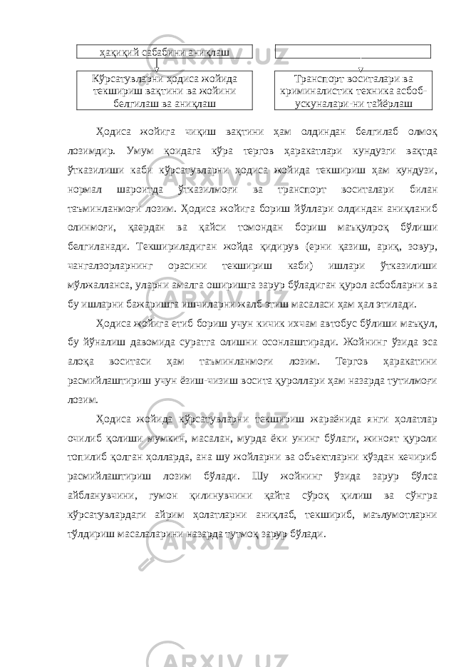 ҳақиқий сабабини аниқлаш Кўрсатувларни ҳодиса жойида текшириш вақтини ва жойини белгилаш ва аниқлаш Транспорт воситалари ва криминалистик техника асбоб- ускуналари-ни тайёрлаш Ҳодиса жойига чиқиш вақтини ҳам олдиндан белгилаб олмоқ лозимдир. Умум қоидага кўра тергов ҳаракатлари кундузги вақтда ўтказилиши каби кўрсатувларни ҳодиса жойида текшириш ҳам кундузи, нормал шароитда ўтказилмоғи ва транспорт воситалари билан таъминланмоғи лозим. Ҳодиса жойига бориш йўллари олдиндан аниқланиб олинмоғи, қаердан ва қайси томондан бориш маъқулроқ бўлиши белгиланади. Текшириладиган жойда қидирув (ерни қазиш, ариқ, зовур, чангалзорларнинг орасини текшириш каби) ишлари ўтказилиши мўлжалланса, уларни амалга оширишга зарур бўладиган қурол асбобларни ва бу ишларни бажаришга ишчиларни жалб этиш масаласи ҳам ҳал этилади. Ҳодиса жойига етиб бориш учун кичик ихчам автобус бўлиши маъқул, бу йўналиш давомида суратга олишни осонлаштиради. Жойнинг ўзида эса алоқа воситаси ҳам таъминланмоғи лозим. Тергов ҳаракатини расмийлаштириш учун ёзиш-чизиш восита қуроллари ҳам назарда тутилмоғи лозим. Ҳодиса жойида кўрсатувларни текшириш жараёнида янги ҳолатлар очилиб қолиши мумкин, масалан, мурда ёки унинг бўлаги, жиноят қуроли топилиб қолган ҳолларда, ана шу жойларни ва объектларни кўздан кечириб расмийлаштириш лозим бўлади. Шу жойнинг ўзида зарур бўлса айбланувчини, гумон қилинувчини қайта сўроқ қилиш ва сўнгра кўрсатувлардаги айрим ҳолатларни аниқлаб, текшириб, маълумотларни тўлдириш масалаларини назарда тутмоқ зарур бўлади. 