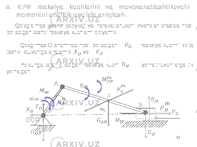 10O A Bω OA ε BA (S) Qo’zg’almas zveno (stoyka) va harakatlanuvchi zvenolar orasida hosil bo’ladigan tashqi reaksiya kuchlarni qo’yamiz.: Qozg’lmas O sharnirda hosil bo’ladigan reaksiya kuchni ikkita tashkil etuvchiga ajratamiz: va Polzunga ta’sir qiladigan reaksiya kuchi yo’naltiruvchilarga tik yo’nalgan.5. KPM reaksiya kuchlarini va muvozanatlashtiruvchi momentni analitik usulida aniqlash. 