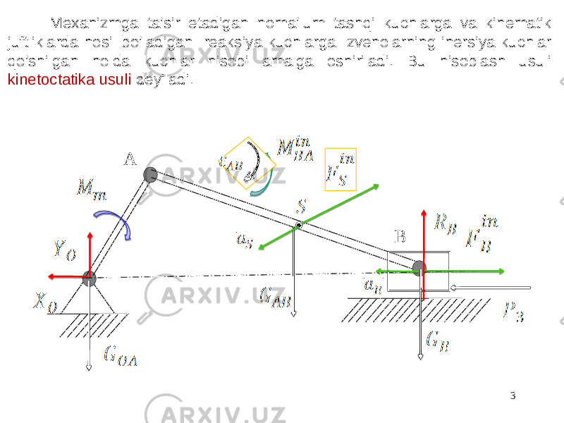 3 Mexanizmga ta’sir etadigan noma’lum tashqi kuchlarga va kinematik juftliklarda hosil bo’ladigan reaksiya kuchlarga zvenolarning inersiya kuchlar qo’shilgan holda kuchlar hisobi amalga oshiriladi. Bu hisoblash usuli kinetoctatika usuli deyiladi. A B 