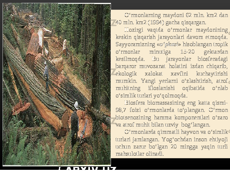 O‘rmonlarning maydoni 62 mln. km2 dan 40 mln. km2 (1994) gacha qisqargan. Hozirgi vaqtda o‘rmonlar maydonining keskin qisqarish jarayonlari davom etmoqda. Sayyoramizning « o‘pkasi » hisoblangan tropik o‘rmonlar minutiga 15-20 gektardan kesilmoqda. Bu jarayonlar biosferadagi barqaror muvozanat holatini izdan chiqarib, ekologik xalokat xavfini kuchaytirishi mumkin. Yangi yerlarni o‘zlashtirish, atrof muhitning ifloslanishi oqibatida o‘nlab o‘simlik turlari yo‘qolmoqda. Biosfera biomassasining eng katta qismi- 98,7 foizi o‘rmonlarda to‘plangan. O‘rmon biotsenozining hamma komponentlari o‘zaro va atrof muhit bilan uzviy bog‘langan. O‘rmonlarda qimmatli hayvon va o‘simlik turlari jamlangan. Yog‘ochdan inson ehtiyoji uchun zarur bo‘lgan 20 mingga yaqin turli mahsulotlar olinadi. 