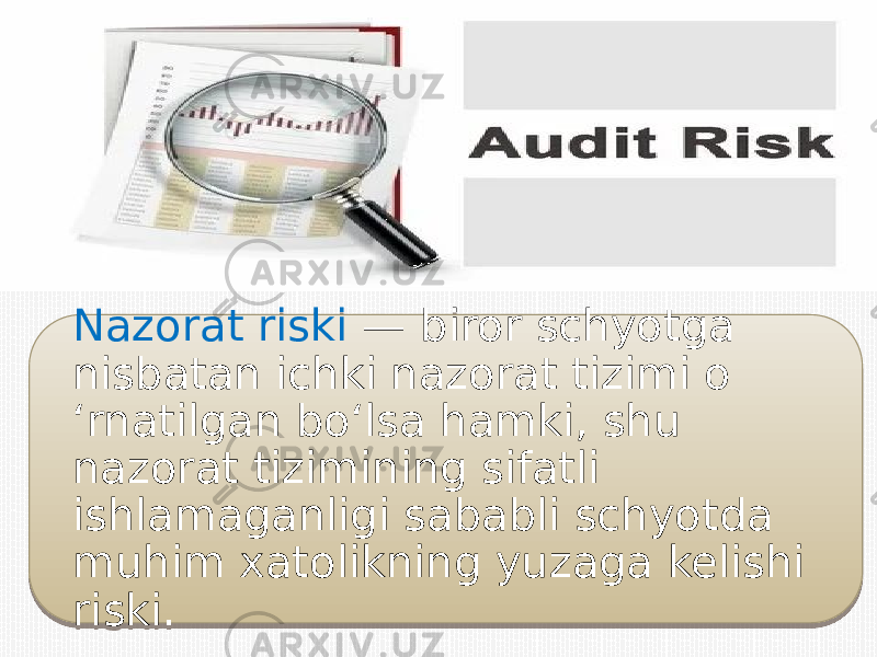 Nazorat riski — biror schyotga nisbatan ichki nazorat tizimi o ‘rnatilgan bo‘lsa hamki, shu nazorat tizimining sifatli ishlamaganligi sababli schyotda muhim xatolikning yuzaga kelishi riski.3A 260A29 1C18 2D22 1C12 18 19 22 