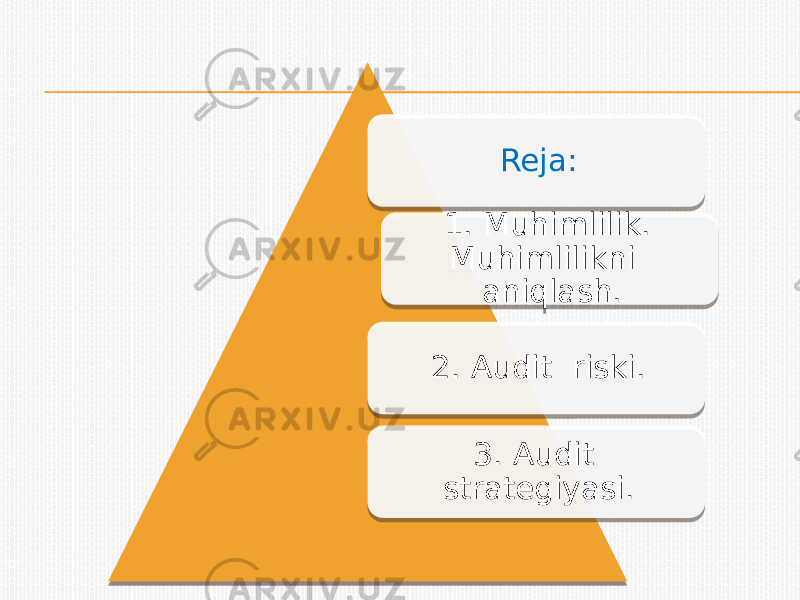 Reja: 1. Muhimlilik. Muhimlilikni aniqlash. 2. Audit riski. 3. Audit strategiyasi. 07 14 0F 12 1F150A01 23150A01 1E 