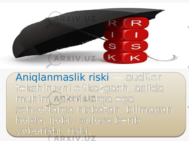 Aniqlanmaslik riski — auditor tekshiruvni o&#39;tkazgach, aslida muhim xatoliklarga ega schyotlarga nisbatan, bilmagan holda, ijobiy xulosa berib yuborishi riski.01 26 21101B 19 1E2C1725 1727 25 